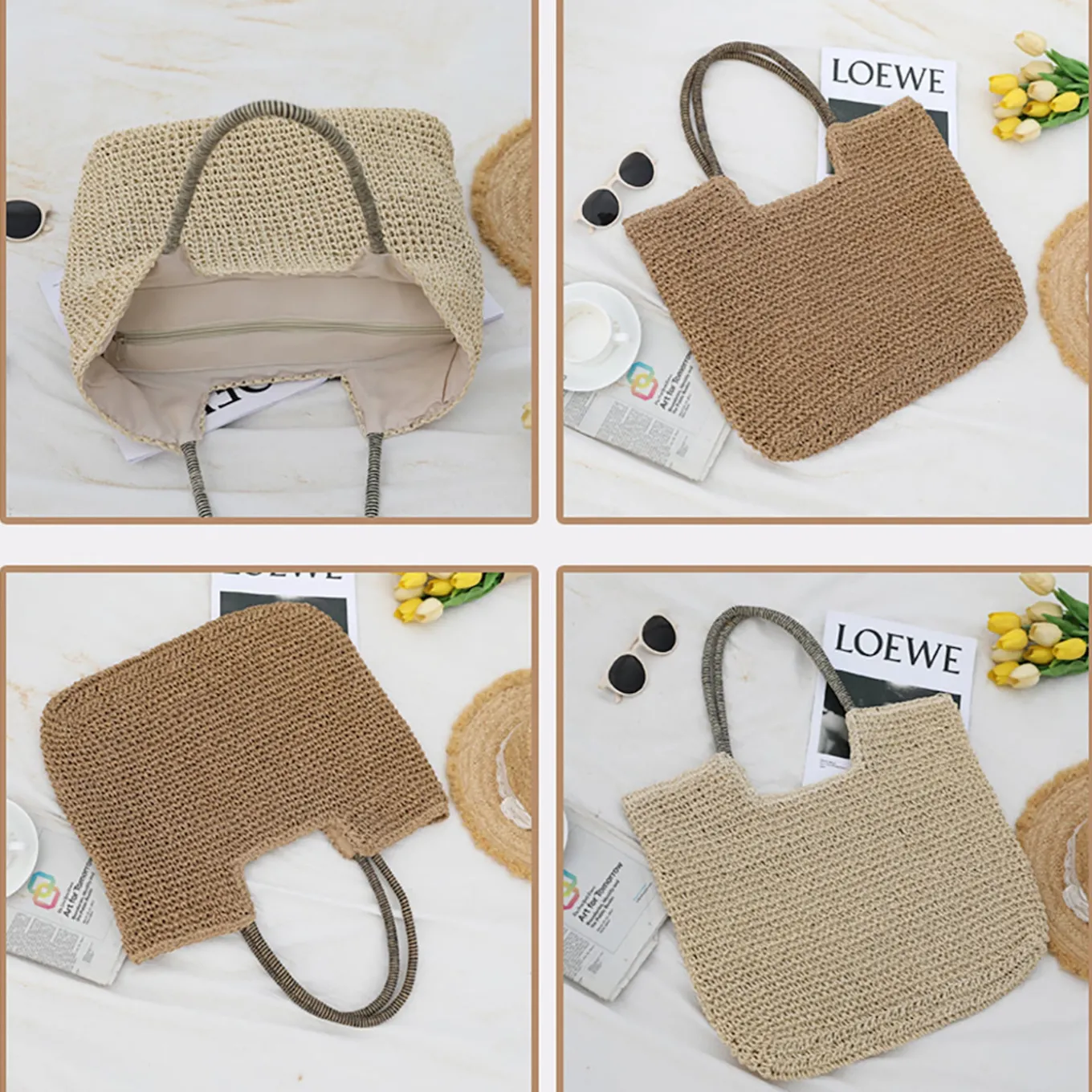 Elena Handbags Beach Straw Woven Tote Bag