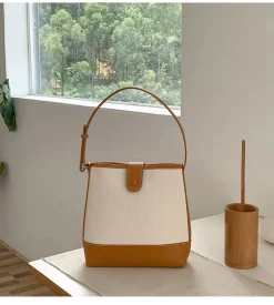 Elena Handbags Canvas Bucket Bag with Leather Accent