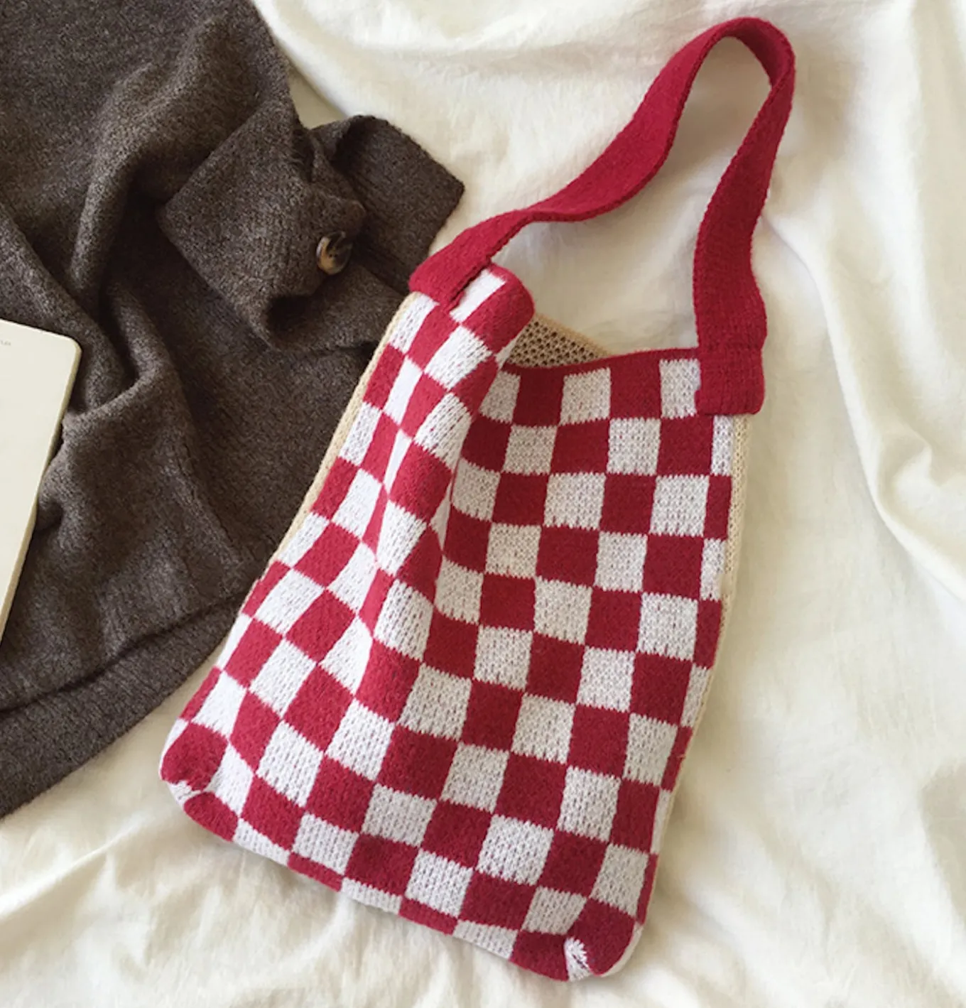Elena Handbags Checkered Cotton Knitted Shoulder Bag