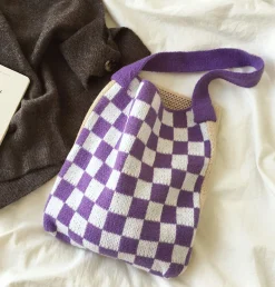 Elena Handbags Checkered Cotton Knitted Shoulder Bag