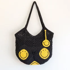 Elena Handbags Cotton Crochet Handmade Shoulder Bag with Smiley Face Design