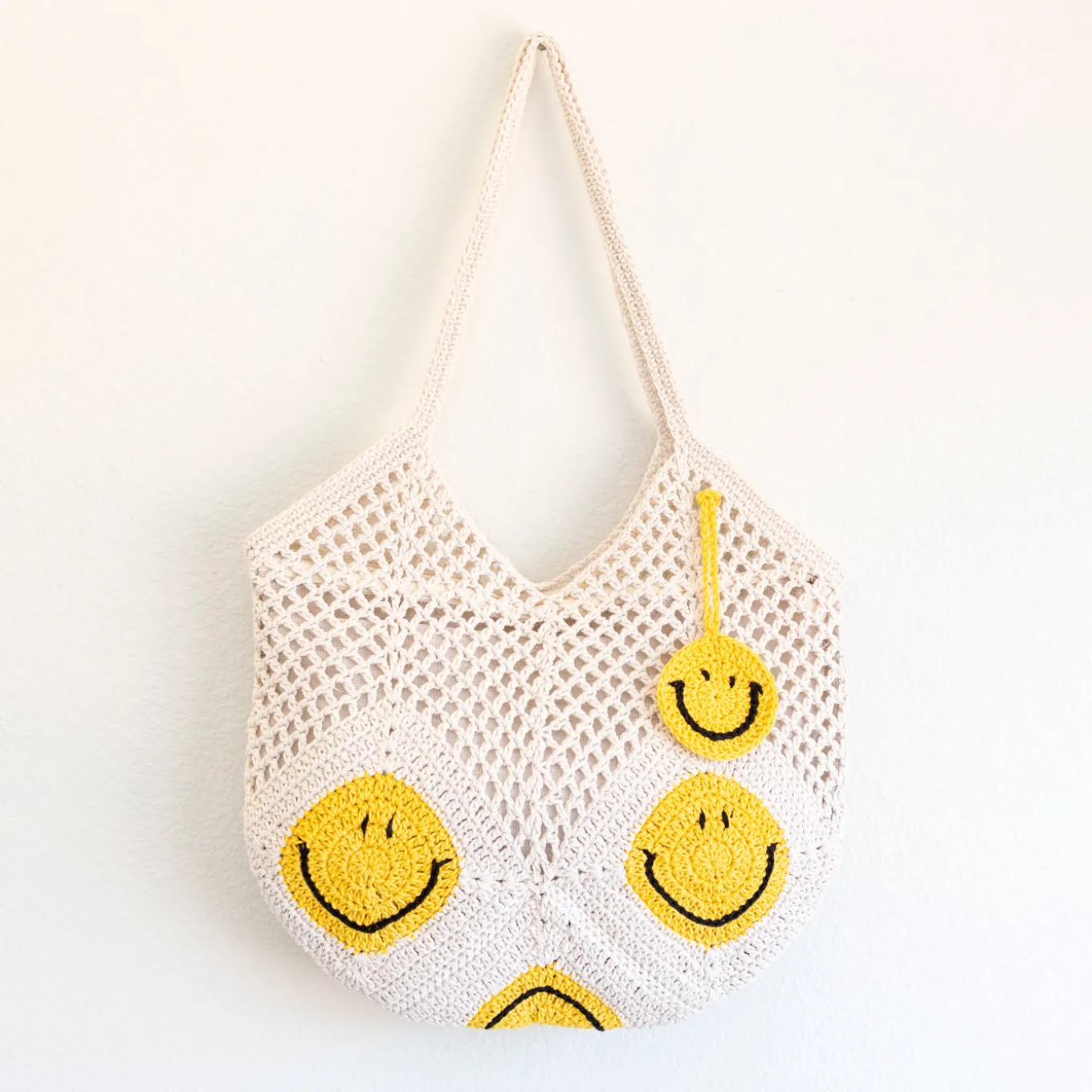 Elena Handbags Cotton Crochet Handmade Shoulder Bag with Smiley Face Design