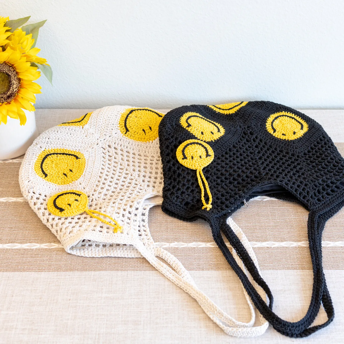 Elena Handbags Cotton Crochet Handmade Shoulder Bag with Smiley Face Design