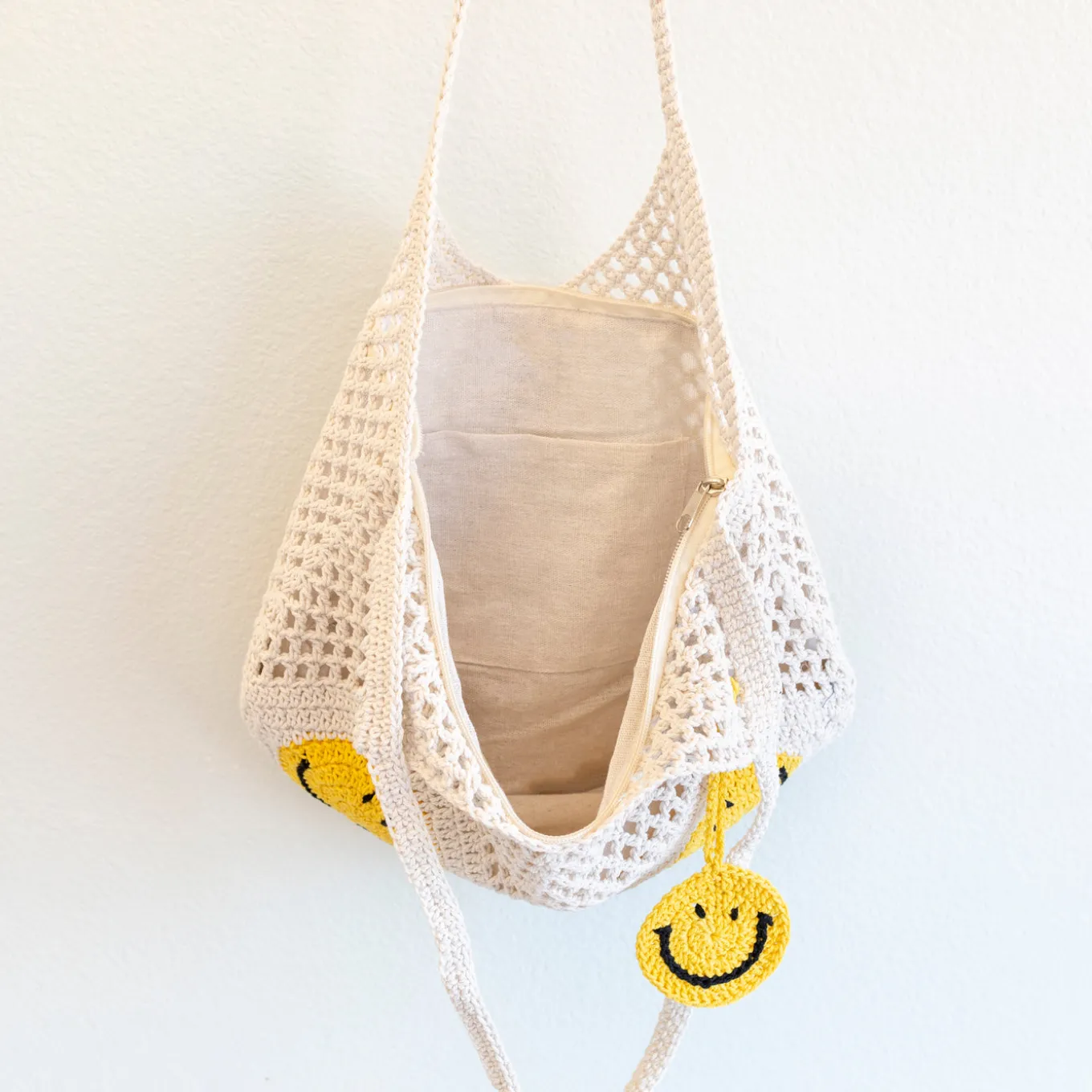 Elena Handbags Cotton Crochet Handmade Shoulder Bag with Smiley Face Design