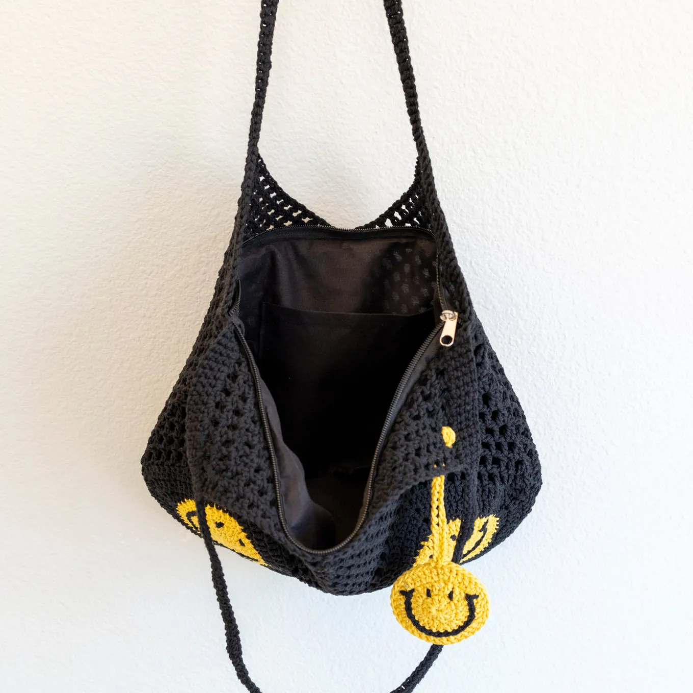 Elena Handbags Cotton Crochet Handmade Shoulder Bag with Smiley Face Design