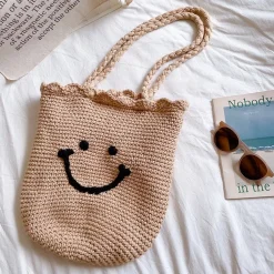 Elena Handbags Cotton Knit Smiley Face Shoulder Bag