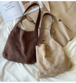 Elena Handbags Cotton Knitted Sweater Shoulder Bag with Leather Strap