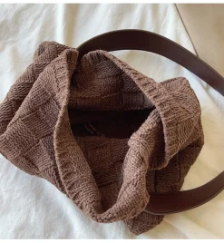 Elena Handbags Cotton Knitted Sweater Shoulder Bag with Leather Strap