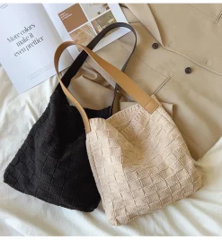 Elena Handbags Cotton Knitted Sweater Shoulder Bag with Leather Strap