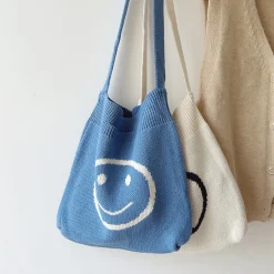 Elena Handbags Cotton Knitted Shoulder Bag with Smiley Face