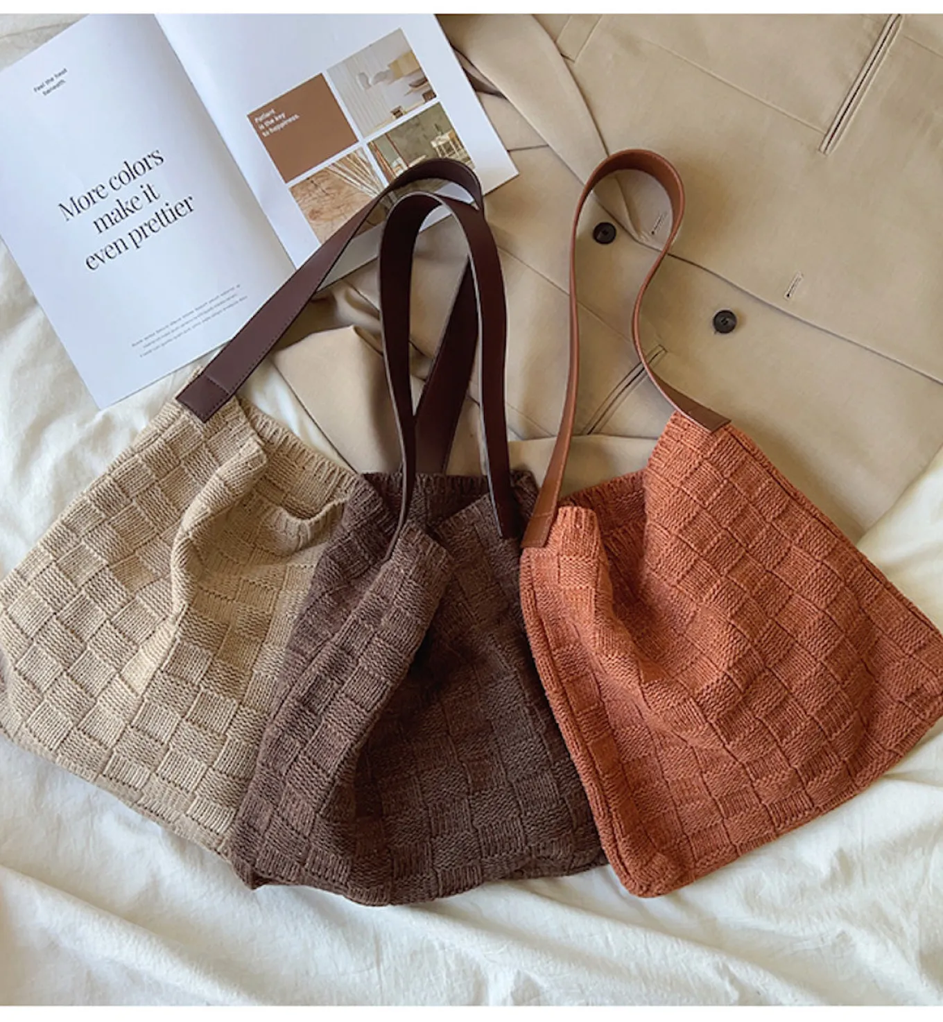 Elena Handbags Cotton Knitted Sweater Shoulder Bag with Leather Strap
