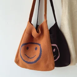 Elena Handbags Cotton Knitted Shoulder Bag with Smiley Face