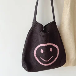 Elena Handbags Cotton Knitted Shoulder Bag with Smiley Face