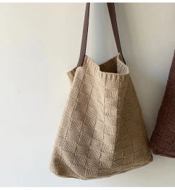 Elena Handbags Cotton Knitted Sweater Shoulder Bag with Leather Strap