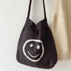 Elena Handbags Cotton Knitted Shoulder Bag with Smiley Face