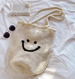Elena Handbags Cotton Knit Smiley Face Shoulder Bag