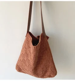 Elena Handbags Cotton Knitted Sweater Shoulder Bag with Leather Strap