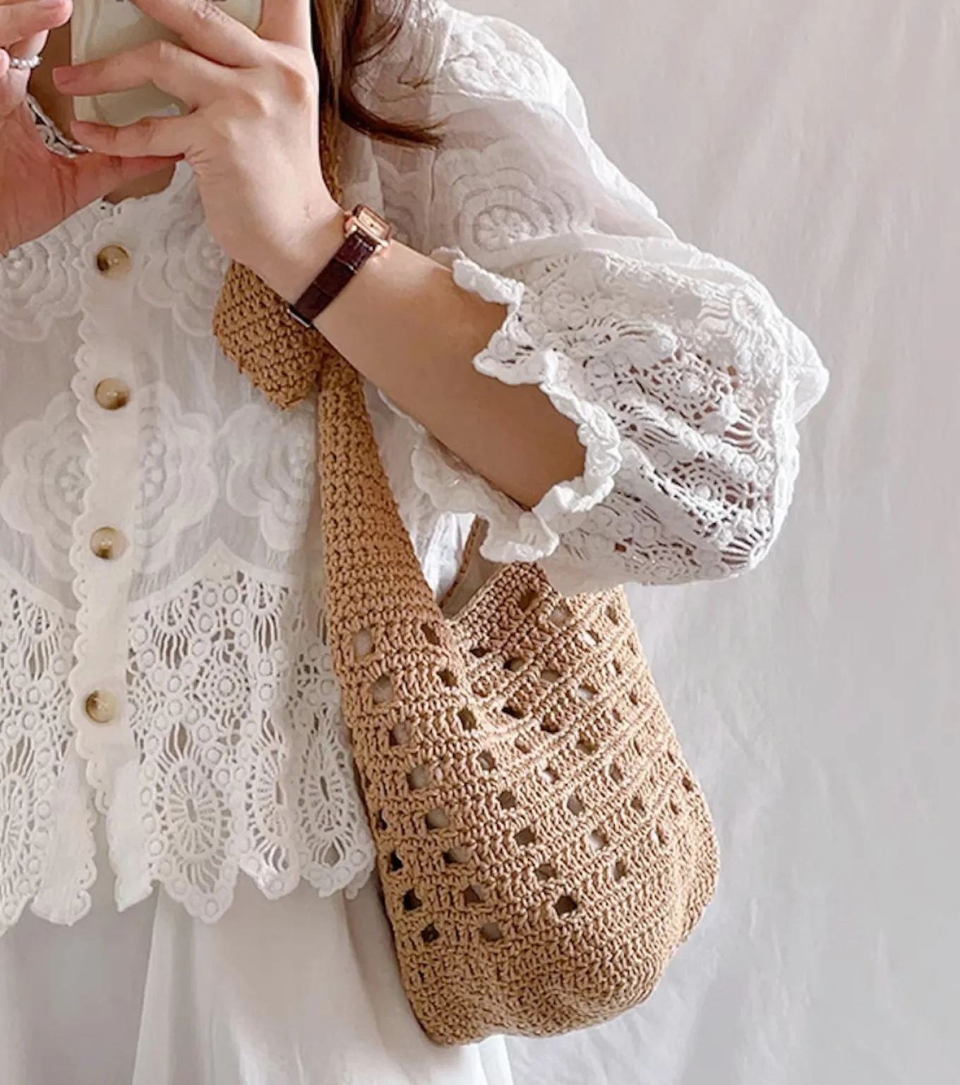 Elena Handbags Crochet Cotton Bucket Shoulder Bag