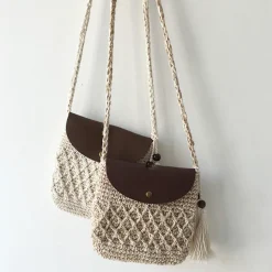 Elena Handbags Crochet Crossbody Messenger Bag with Leather Flap