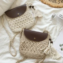 Elena Handbags Crochet Crossbody Messenger Bag with Leather Flap