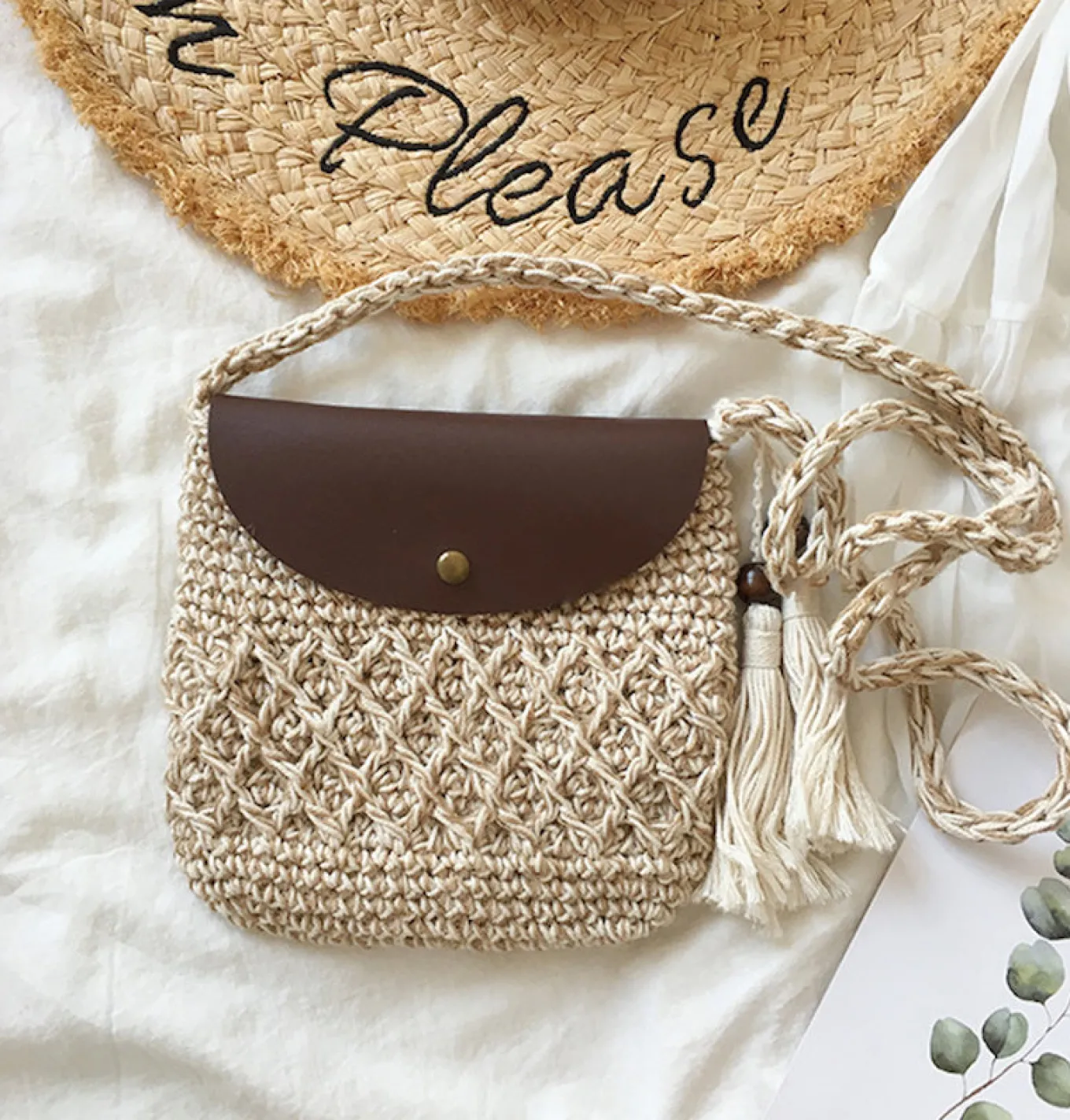 Elena Handbags Crochet Crossbody Messenger Bag with Leather Flap