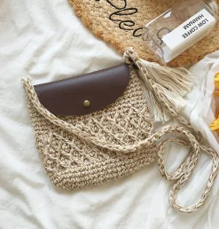 Elena Handbags Crochet Crossbody Messenger Bag with Leather Flap