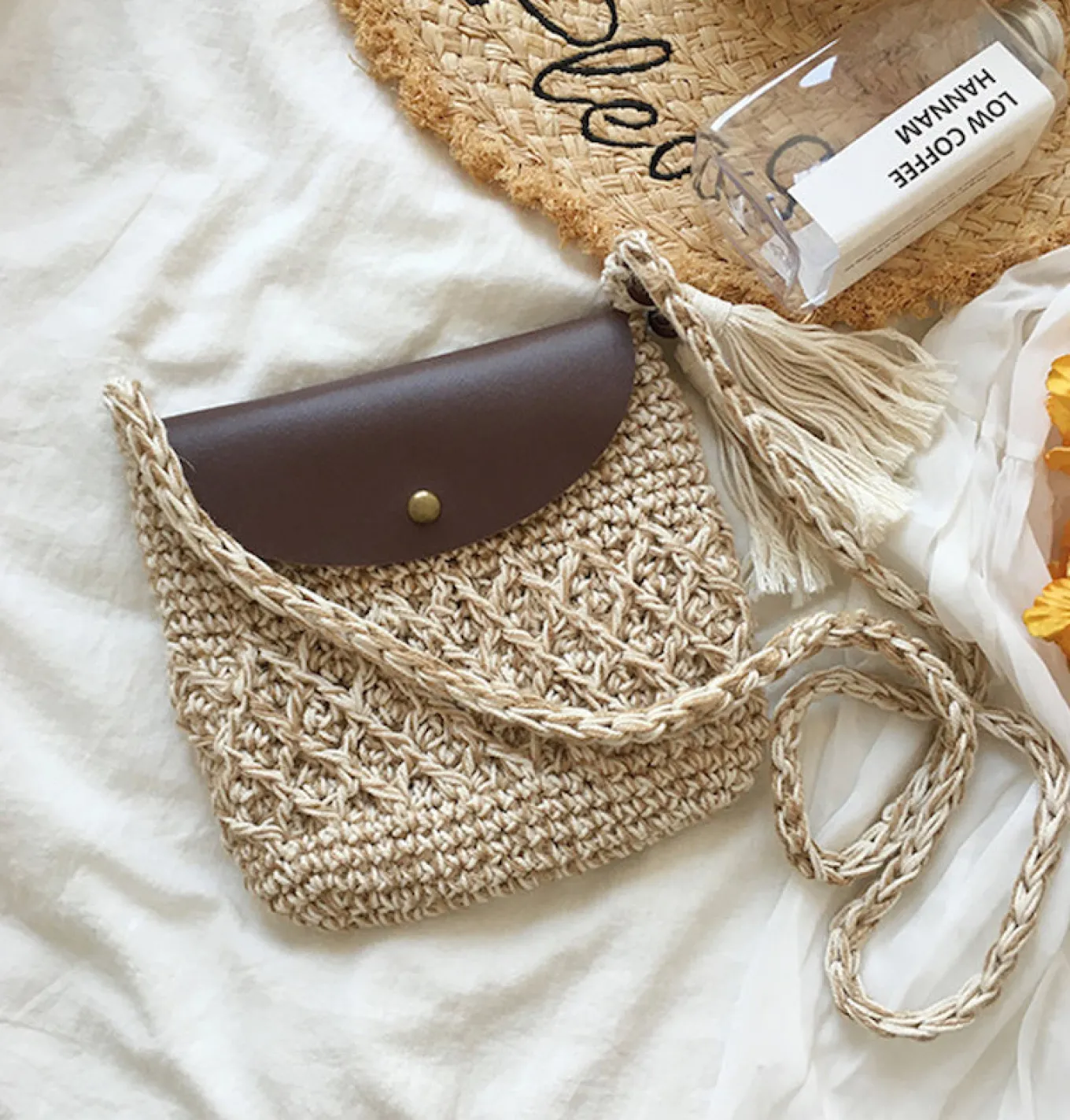 Elena Handbags Crochet Crossbody Messenger Bag with Leather Flap