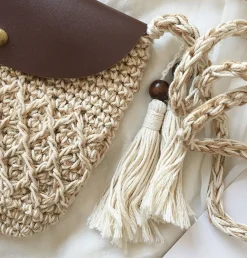 Elena Handbags Crochet Crossbody Messenger Bag with Leather Flap