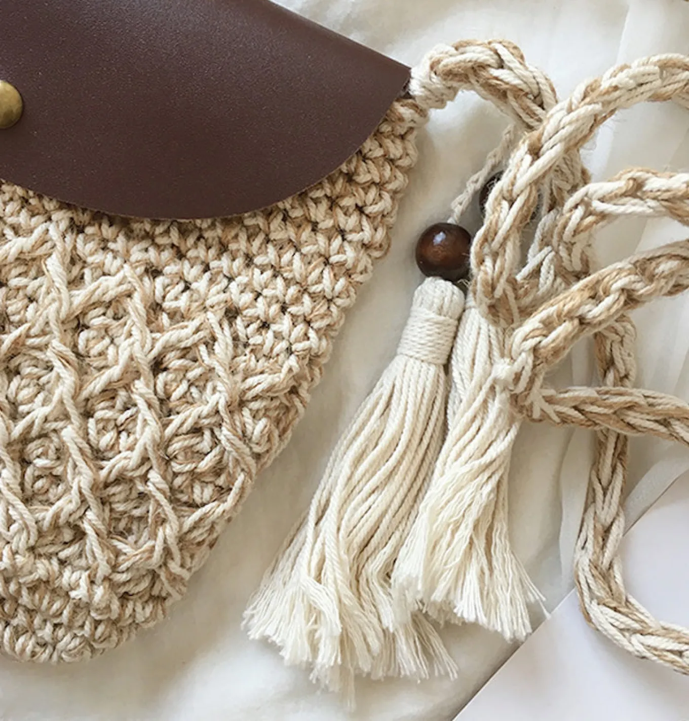 Elena Handbags Crochet Crossbody Messenger Bag with Leather Flap