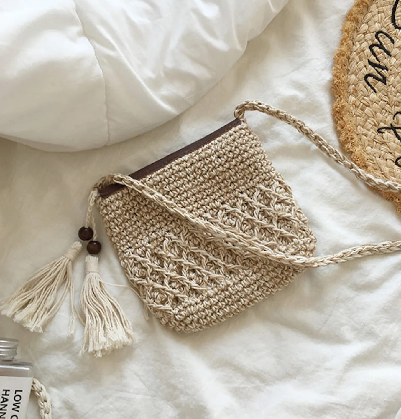 Elena Handbags Crochet Crossbody Messenger Bag with Leather Flap