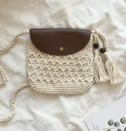 Elena Handbags Crochet Crossbody Messenger Bag with Leather Flap