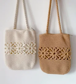 Elena Handbags Crochet Medium Cotton Bag with Floral Design