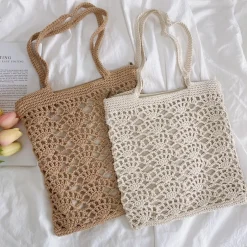 Elena Handbags Crochet Medium Cotton Knitted Top Handle Bag with Floral Design