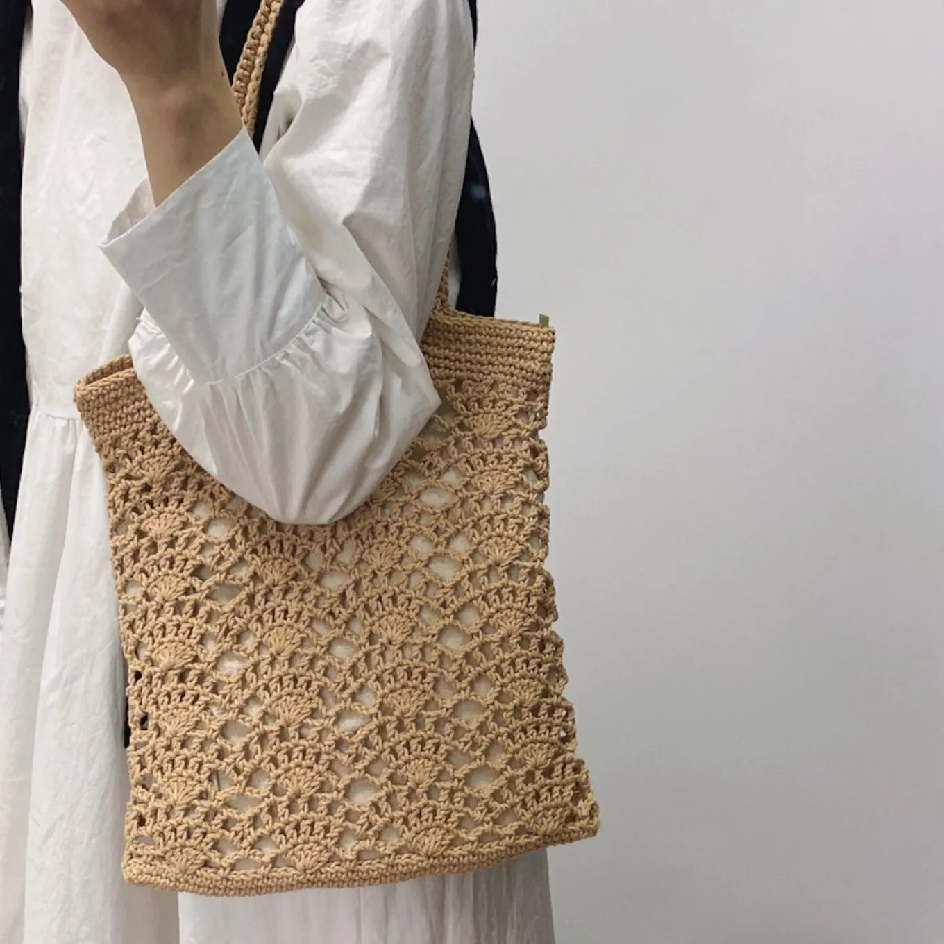 Elena Handbags Crochet Medium Cotton Knitted Top Handle Bag with Floral Design
