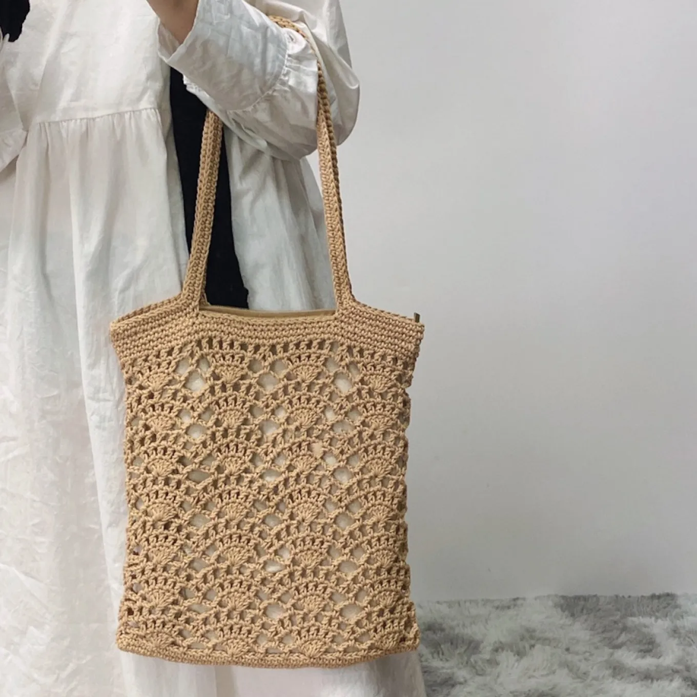 Elena Handbags Crochet Medium Cotton Knitted Top Handle Bag with Floral Design