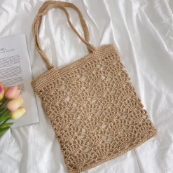 Elena Handbags Crochet Medium Cotton Knitted Top Handle Bag with Floral Design