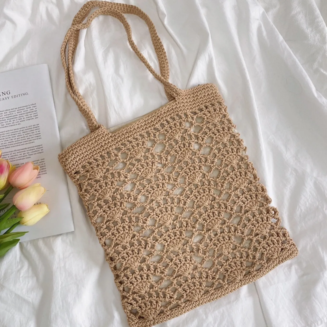 Elena Handbags Crochet Medium Cotton Knitted Top Handle Bag with Floral Design