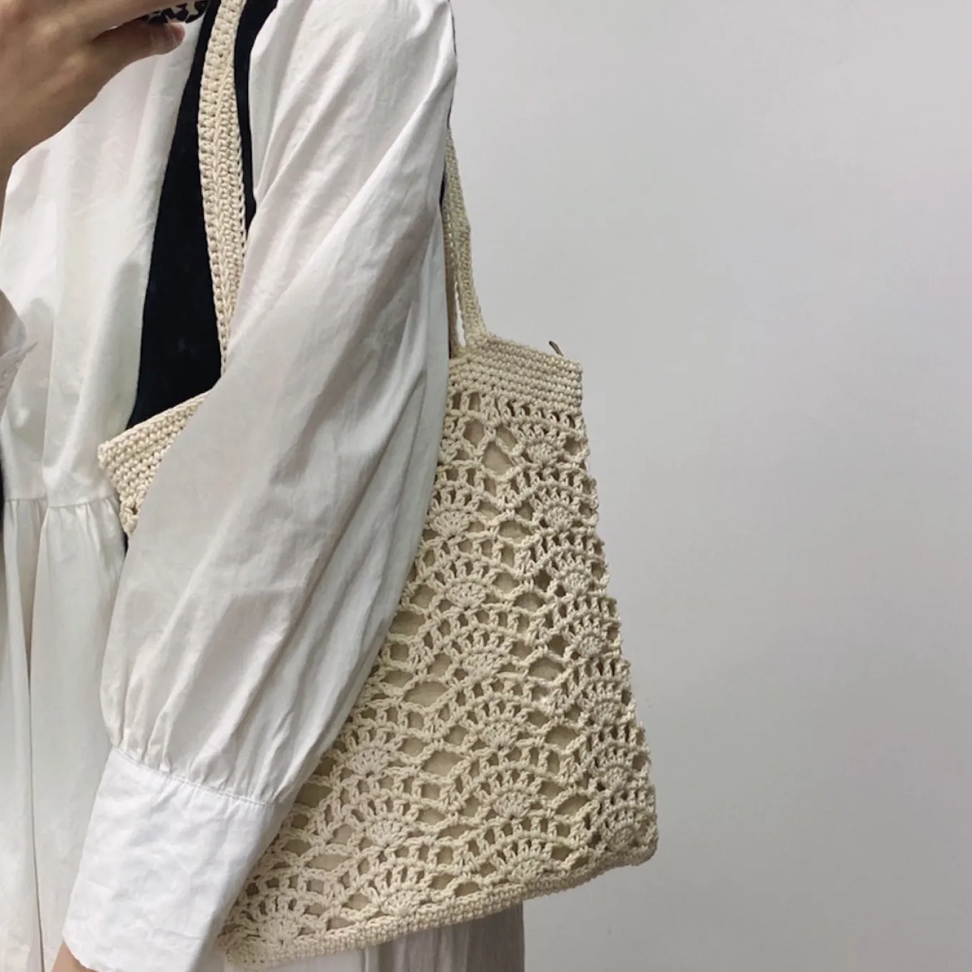 Elena Handbags Crochet Medium Cotton Knitted Top Handle Bag with Floral Design