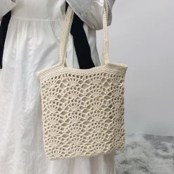 Elena Handbags Crochet Medium Cotton Knitted Top Handle Bag with Floral Design