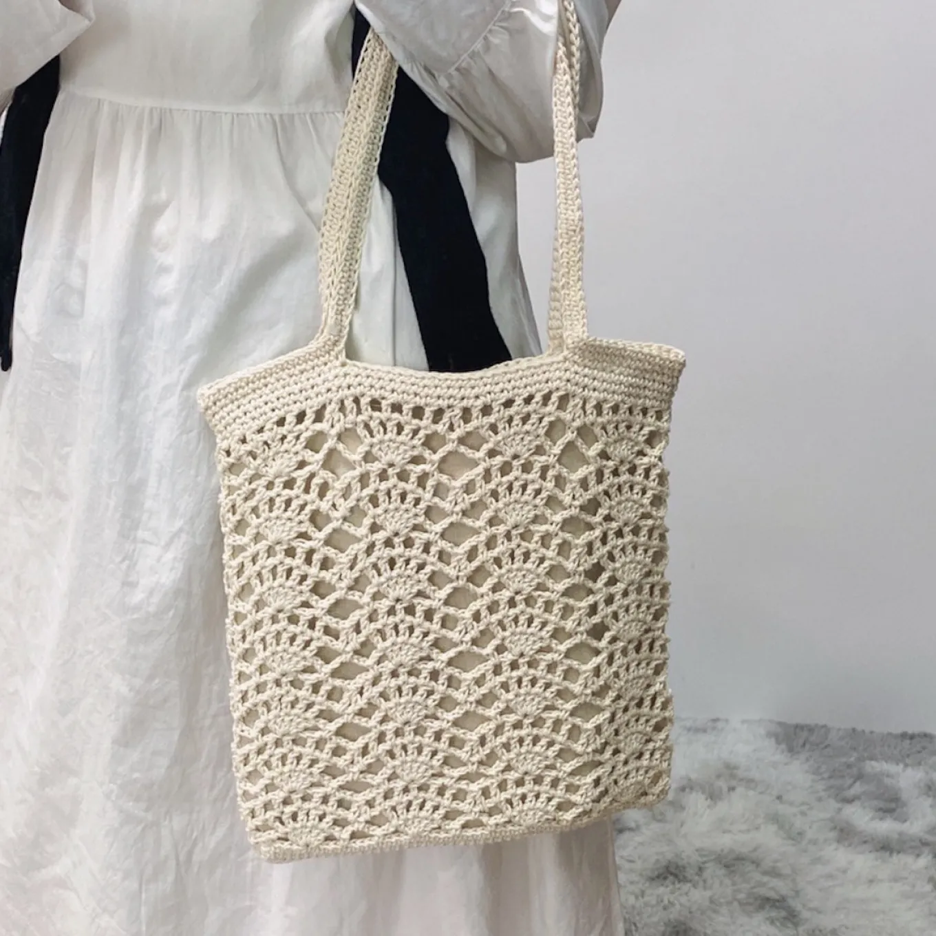 Elena Handbags Crochet Medium Cotton Knitted Top Handle Bag with Floral Design