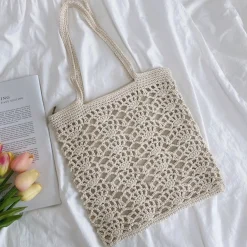 Elena Handbags Crochet Medium Cotton Knitted Top Handle Bag with Floral Design