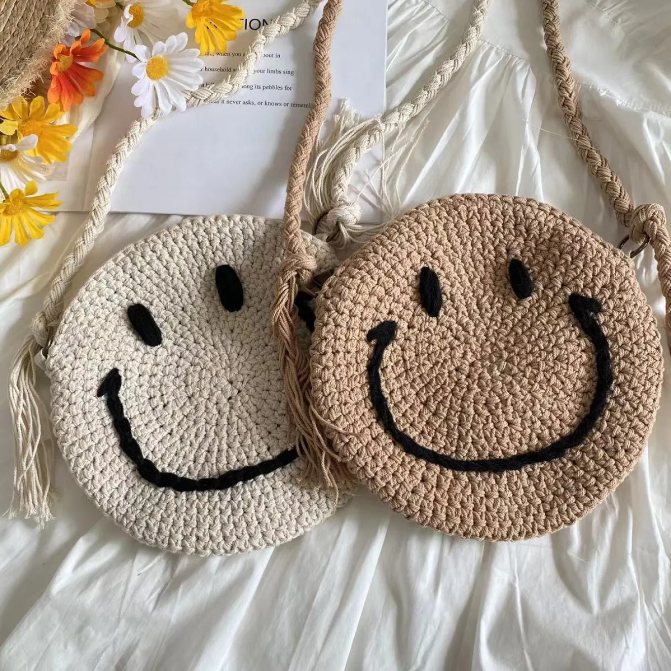 Elena Handbags Crochet Smiley Face Round Bag