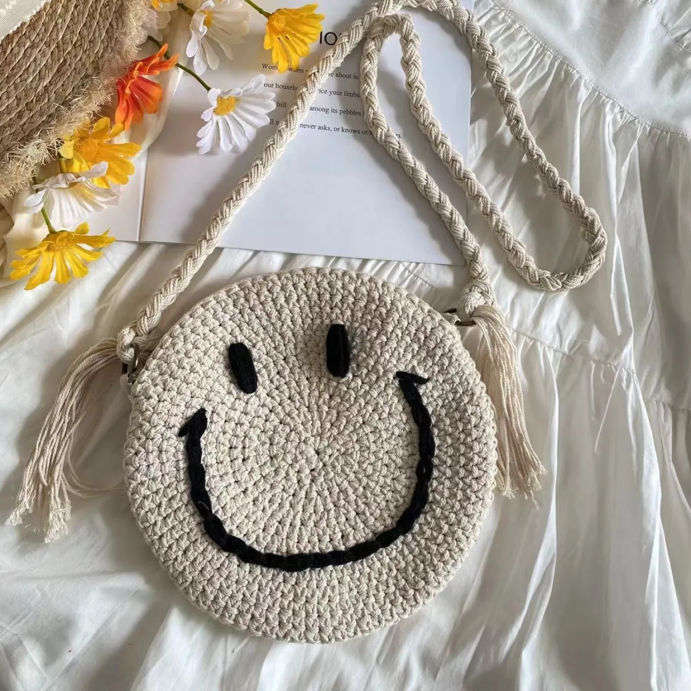 Elena Handbags Crochet Smiley Face Round Bag