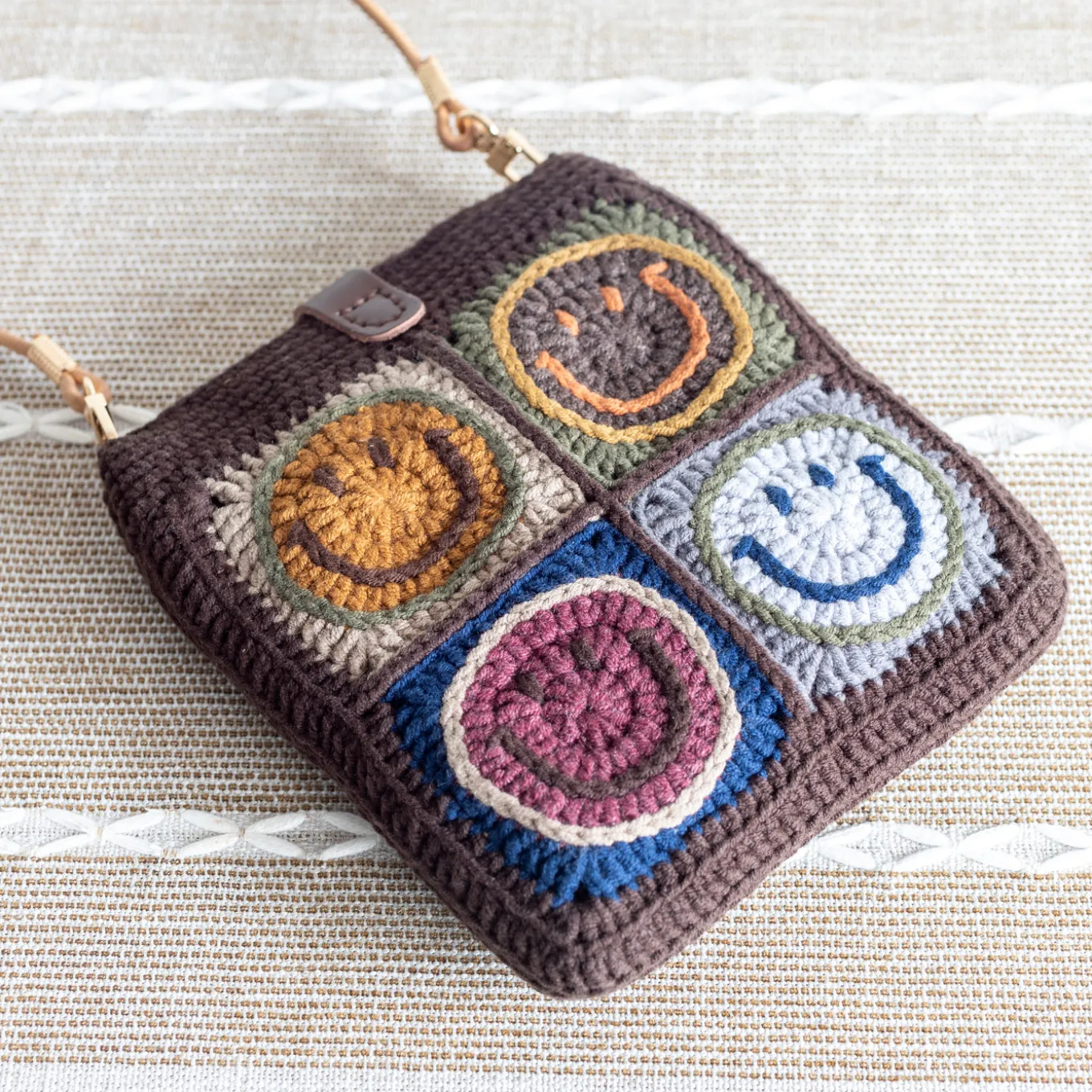 Elena Handbags Crochet Smiley Face Shoulder Bag