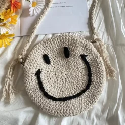 Elena Handbags Crochet Smiley Face Round Bag