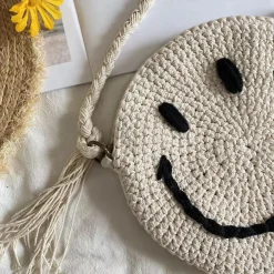 Elena Handbags Crochet Smiley Face Round Bag