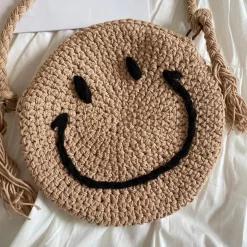 Elena Handbags Crochet Smiley Face Round Bag