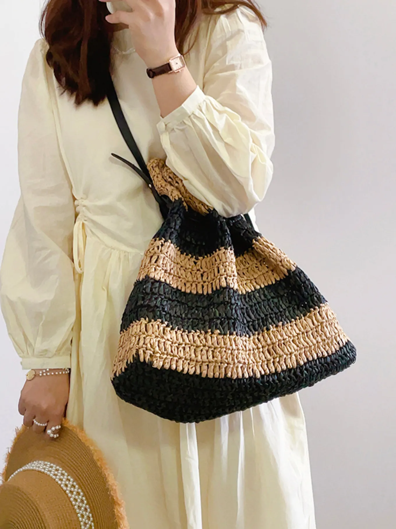 Elena Handbags Fashion Stripe Straw Drawstring Bag