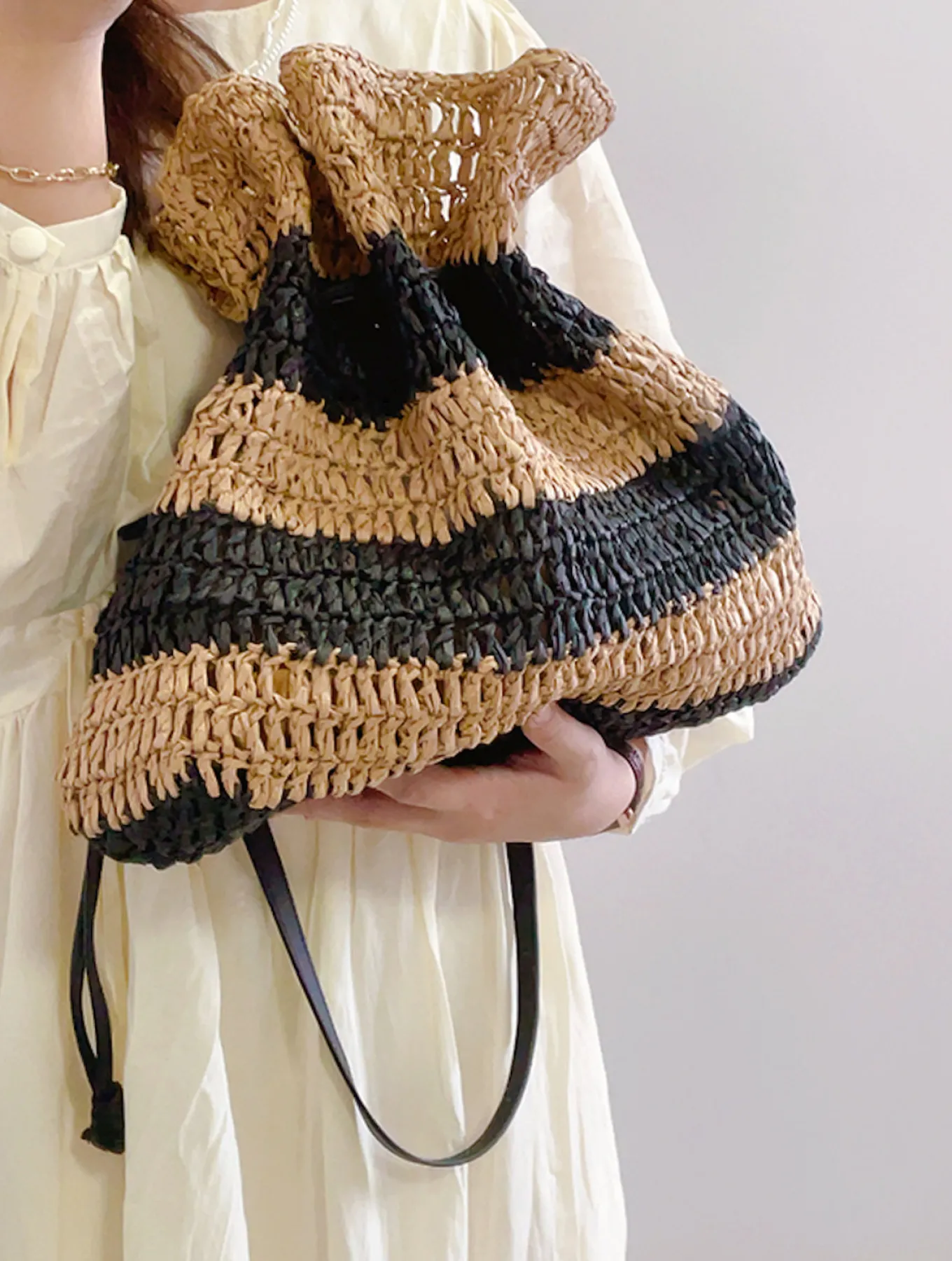 Elena Handbags Fashion Stripe Straw Drawstring Bag