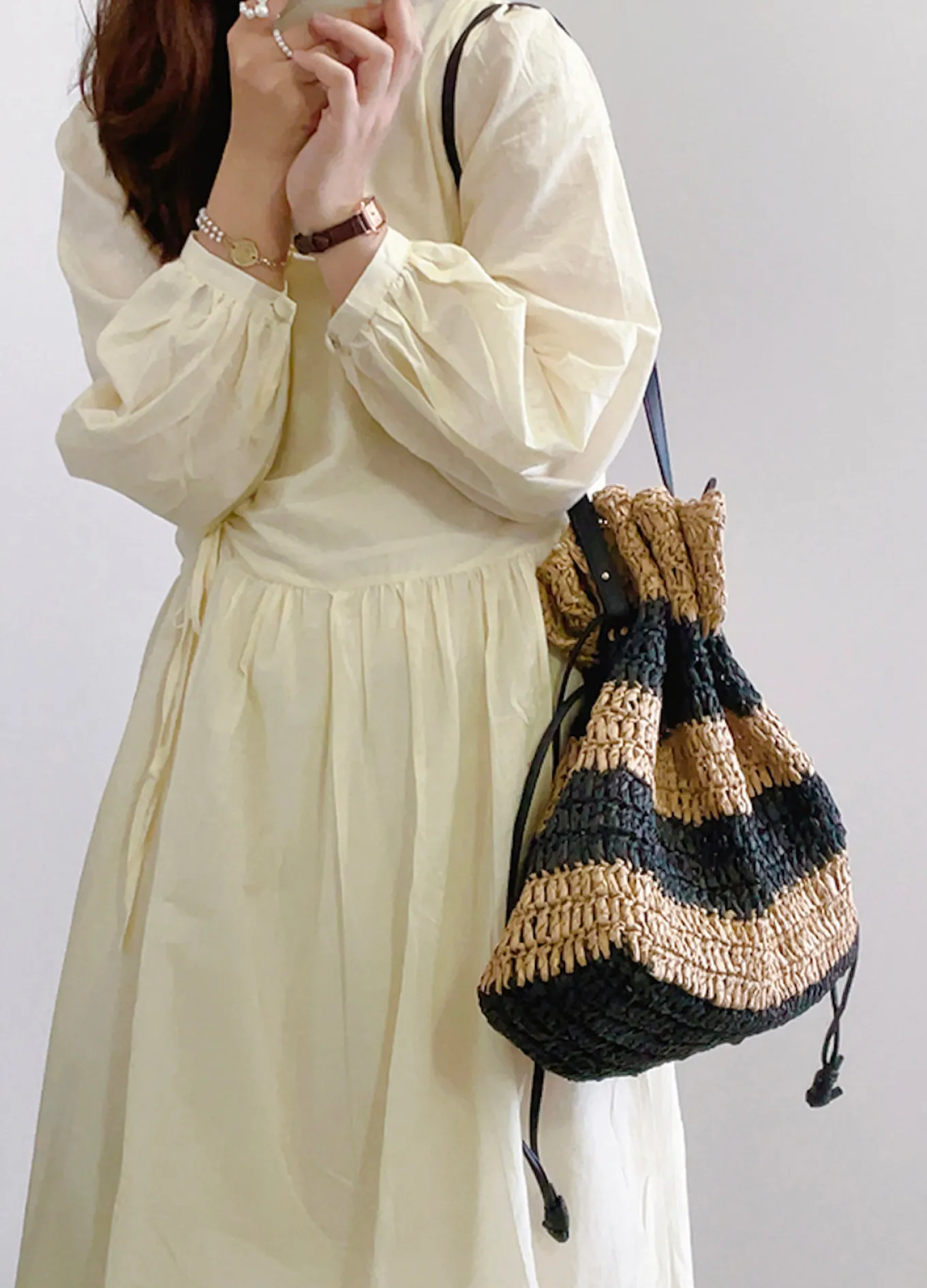 Elena Handbags Fashion Stripe Straw Drawstring Bag